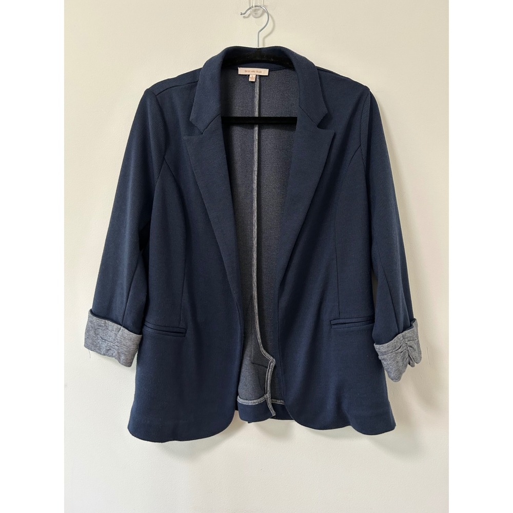 Skies Are Blue Navy Ribbed Knit Open Front Blazer Jacket Cuffed Sleeves Size L